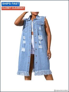 Plus Size Distressed Longline Denim Vest Oversized Fringe Hem Sleeveless